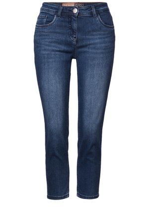 Jean en denim bleu foncé avec une coupe slim, comportant des poches avant, une fermeture à bouton et une texture lisse. Design classique à cinq poches.