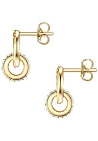 Guldtonade ringörhängen med en länkad cirkeldesign, prydda med små klara kristaller längs den yttre kanten, polerad yta.