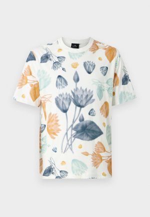 T-skjorte med kort erme som har et blomsterdesign i oransje, blått og grønt på en hvit bakgrunn. Laget av lett stoff med rund hals.