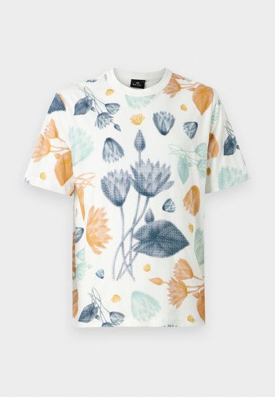 Short-sleeve t-shirt featuring a floral pattern in orange, blue, and green on a white background. Made of lightweight fabric with a round neck.