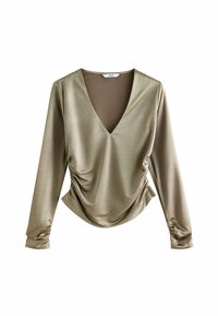 Khašijasta longsleeve majica s dubokim V-izrezom, nabranu stranu i skupljene manžete. Izrađena od glatkog, mekog materijala.