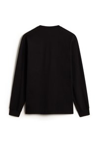 Schwarzes Langarmshirt mit Rundhalsausschnitt, aus weicher Baumwolle. Verfügt über gerippte Bündchen und eine glatte Textur, mit einem schlichten, minimalistischen Design.
