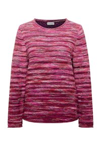 Langärmliger Pullover mit rundem Ausschnitt, gefertigt aus strukturiertem Strick in verschiedenen Rosatönen und tiefem Rot, mit dezenten horizontalen Streifen.