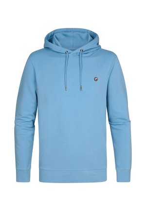 Jasnoniebieska hoodie z pulowerem wykonana z miękkiego materiału, z przednią kieszenią typu kangur, kapturem ze sznurkiem oraz małym haftowanym logo na piersi.
