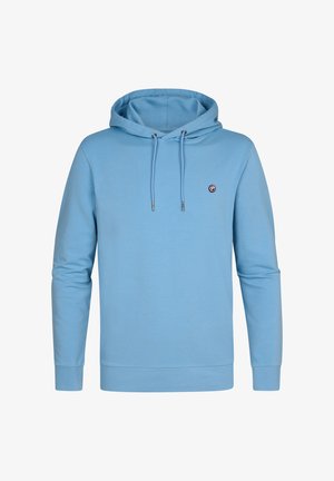 Hellblauer Pullover-Hoodie aus weichem Stoff, mit einer vorderen Kängurutasche, Kapuze mit Kordelzug und einem kleinen gestickten Logo auf der Brust.