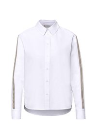 Biała koszula z długim rękawem i zapięciem na guziki na przodzie. Rękawy ozdobione pionowymi paskami w kontrastujących kolorach brązu i kremu. Gładka faktura.