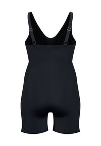 Vêtement en une seule pièce noir avec un décolleté en V, des bretelles réglables et une coupe ajustée, présentant une texture lisse et des jambes courtes.