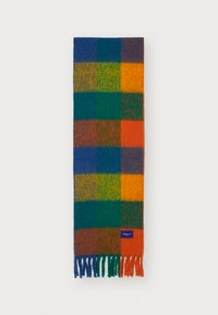 Wool scarf featuring a multicolored checkerboard pattern in blue, green, yellow, orange, and red, with fringed edges and a logo tag.