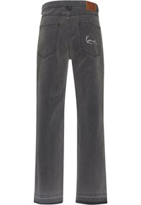 Jeans de pierna recta en gris oscuro con bolsillos traseros, una etiqueta de marca de cuero en la cinturilla y un logo bordado en blanco en el bolsillo derecho.