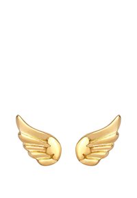Pendientes en forma de ala dorada con detallados patrones de plumas y un acabado pulido. Diseño compacto adecuado para uso casual o formal.