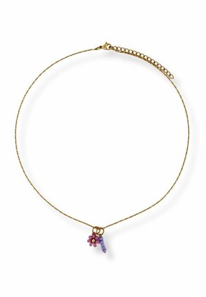 Delicate gold chain necklace with small purple flower charm and matching purple cylindrical bead hanging side by side.
