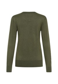 Pull tricoté vert olive à manches longues avec poignets, ourlet et encolure côtelés, montré de dos sur fond blanc.