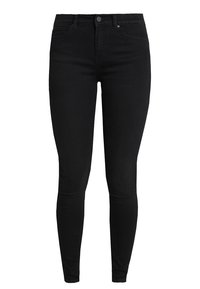 Vaqueros skinny de mezclilla negra con un diseño ajustado, que cuentan con una cintura de altura media, cinco bolsillos y cierre de botón metálico. Textura suave con un ligero estiramiento.