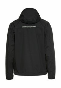 Black jacket with a hood, featuring a reflective strip on the back, water-resistant fabric, and elasticized cuffs and hem.