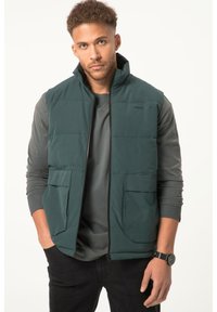 Dunkelgrüne gefütterte Weste mit hohem Kragen, Frontreißverschluss und zwei großen Fronttaschen, getragen über einem grauen Langarmshirt und schwarzen Hosen.