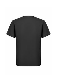 Camiseta negra de manga corta, vista desde la parte de atrás, con cuello redondo, sobre un fondo blanco.