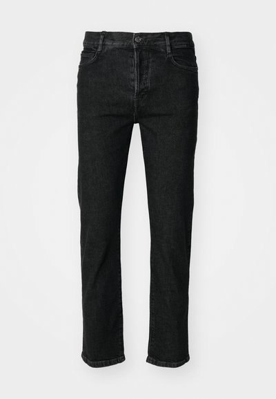 Black denim jeans with a straight fit, two front pockets, and a button closure at the waist. Features minimal stitching and a classic design.