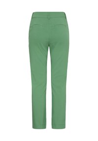 Pantalon en coton vert à coupe droite, doté de deux poches arrière et d'une ceinture cintrée. Texture lisse, longueur jusqu'à la cheville.