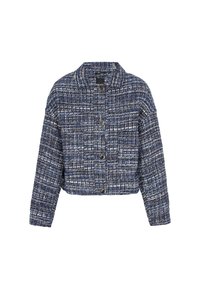 Afskåret jakke i blå og hvid ternet tweed med metal knapper og krave. Lange ærmer og struktureret stofdesign.