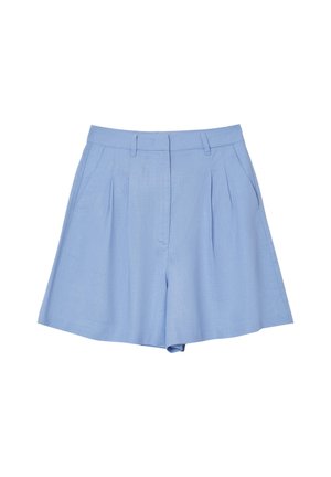 Pantaloni corti plissettati di colore blu chiaro realizzati in morbido tessuto, con vita alta, tasche laterali e vestibilità rilassata. Design con parte anteriore piatta.
