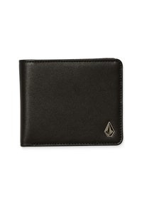 Portefeuille en cuir noir avec une texture lisse, de forme rectangulaire, et un petit logo argenté dans le coin inférieur. Design minimaliste, sans matériel visible.