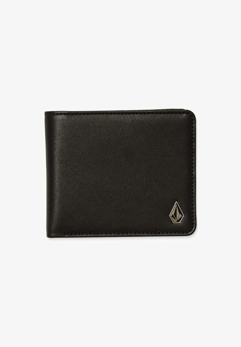 Portefeuille en cuir noir avec une texture lisse, de forme rectangulaire, et un petit logo argenté dans le coin inférieur. Design minimaliste, sans matériel visible.