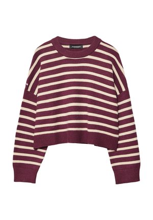 Burgundy and cream striped sweater with a round neck, ribbed cuffs, and hem. Relaxed fit with dropped shoulders and cropped length.