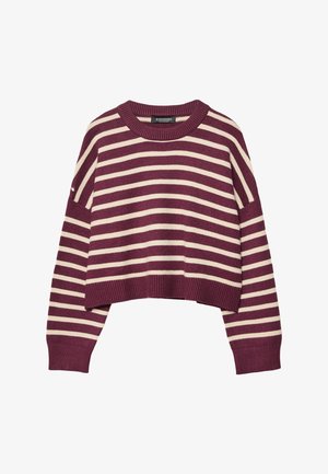 Burgundy and cream striped sweater with a round neck, ribbed cuffs, and hem. Relaxed fit with dropped shoulders and cropped length.