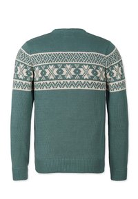 Knitted sweater in teal, featuring a cream geometric pattern across the chest. Long sleeves and ribbed neckline and cuffs. Soft texture.