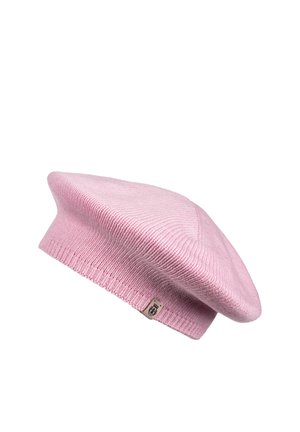 Soft pink knitted beret with a small sewn label on the ribbed band, displayed on a white background.