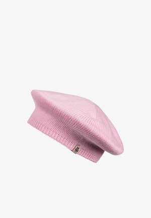 Soft pink knitted beret with a small sewn label on the ribbed band, displayed on a white background.