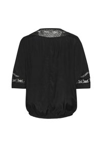 Blusa nera con vestibilità ampia, maniche corte con accenti ricamati e uno yoke in pizzo texturizzato sul colletto. Orlo arricciato.