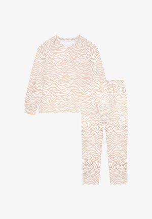 Lichte slaapset met lange mouwen en broek in een lichtroze met een wit zebrapatroon, gemaakt van zachte, ademende stof.