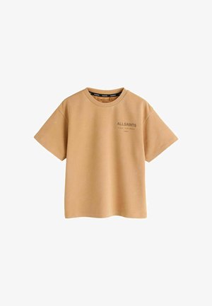 Beige kortærmet crew neck t-shirt med lille "ALLSAINTS London" tekst og japanske tegn på venstre bryst.