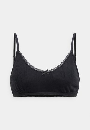 Schwarzer BH aus weichem Stoff, mit einem Spitzenbesatz entlang des Halsausschnitts, einer kleinen dekorativen Schleife in der Mitte und verstellbaren Trägern.