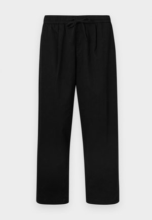 Black wide-leg pants made of soft fabric, featuring an elastic waistband with a drawstring. No visible patterns or hardware details.