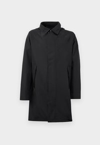 Must mustang must jaotuse kaelusega, pikad varrukad, küljetaskud ja sirge lõikega. Sile tekstuur, minimalistlik disain.