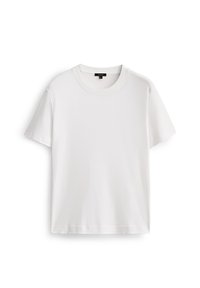 White cotton T-shirt with a round neck, short sleeves, and a smooth texture. Features a label on the inner neckline.