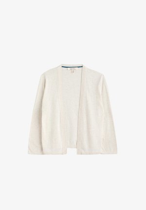 Helle beige Strickjacke, offenes Design, lange Ärmel, feine Stricktextur, mit einem schlichten Muster und gerippten Akzenten an den Kanten.