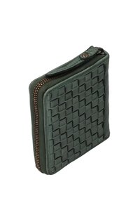 Green woven leather wallet with a textured pattern and bronze zipper. Features a rounded shape and a smooth finish.