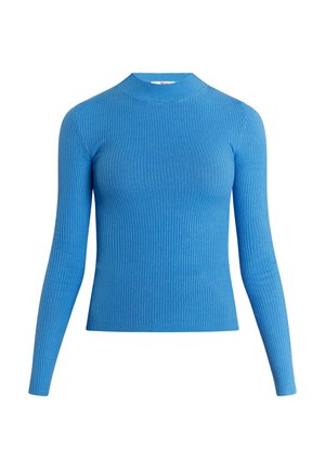 Niebieski prążkowany top z długim rękawem, z wysokim kołnierzem i dopasowanym krojem. Materiał o gładkiej teksturze i jednolitym wzorze.