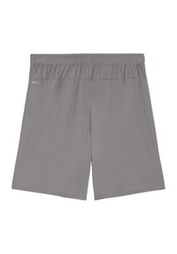 Graue Sportshorts aus glattem Stoff mit einem elastischen Bund. Auf der Vorderseite steht das Wort "DRYCELL".