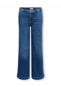 Jean en denim bleu avec une taille haute, fermeture à boutons et à glissière, passants de ceinture et jambes larges légèrement évasées.