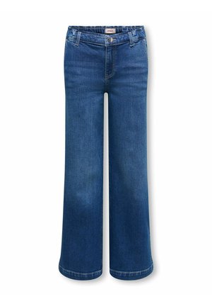 Jean en denim bleu avec une taille haute, fermeture à boutons et à glissière, passants de ceinture et jambes larges légèrement évasées.