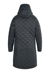 Quiltet sort pufferjakke med hætte, lange ærmer og længde til midten af låret, med et diamantmønster og glat tekstur.