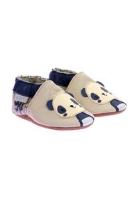 Chaussures pour bébés sur le thème des pandas en cuir beige et marine, dotées d'une cheville rembourrée, d'une semelle douce et d'un visage de panda cousu à l'avant.