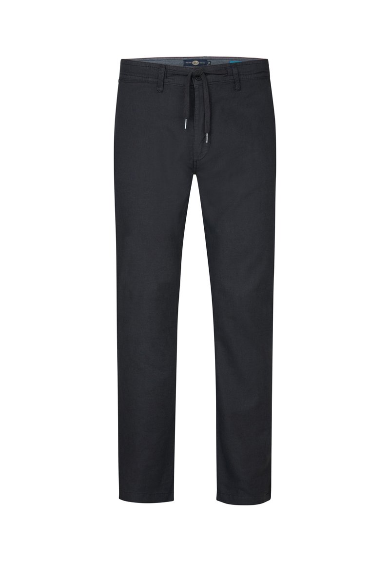 Dunkelgraue Baumwollhosen mit geradem Schnitt, ausgestattet mit einem verstellbaren Kordelzugbund und zwei Seitentaschen. Glatte Textur.