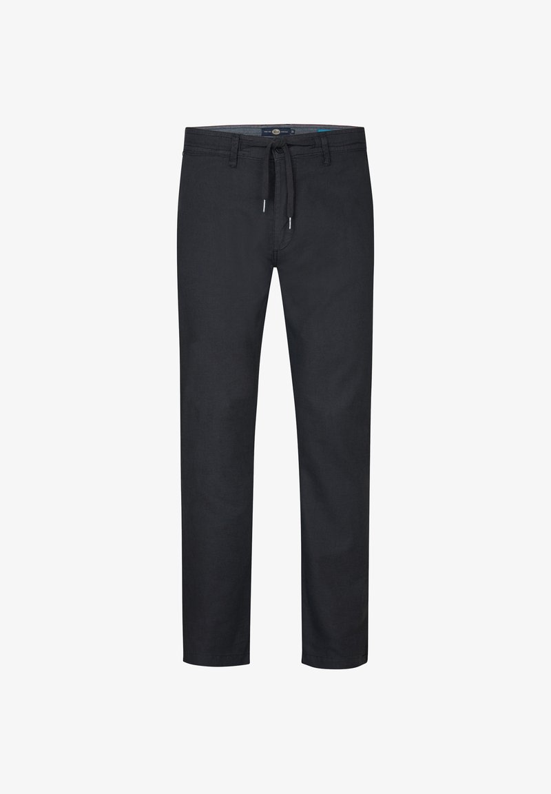 Dunkelgraue Baumwollhosen mit geradem Schnitt, ausgestattet mit einem verstellbaren Kordelzugbund und zwei Seitentaschen. Glatte Textur.