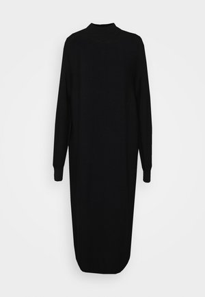 Long black knit dress with long sleeves and a high round neckline, displayed against a plain light background.