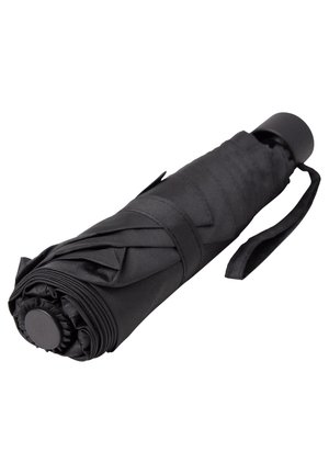 Black compact umbrella, rolled tightly with a smooth satin texture. Features a circular handle and strap for easy carrying.